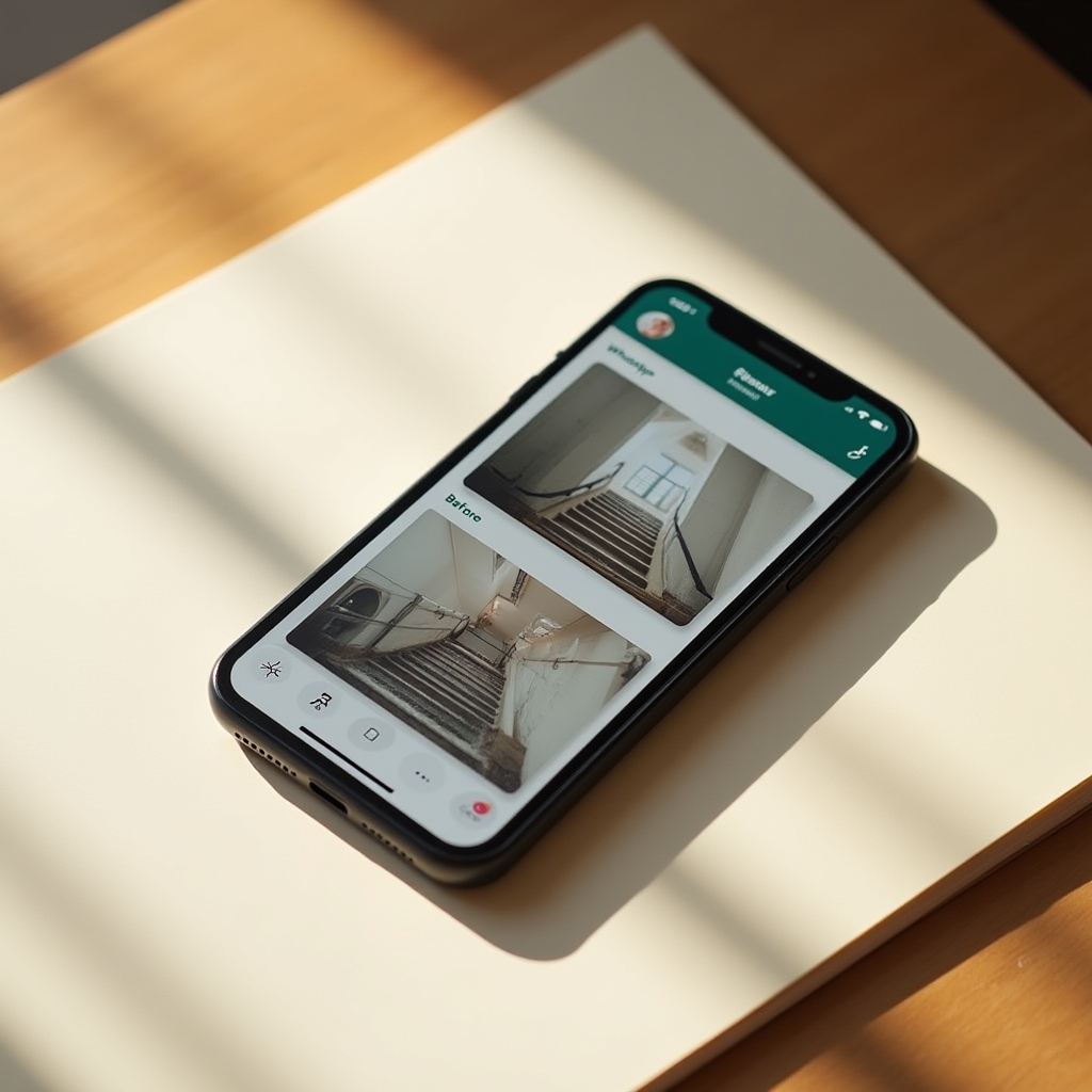 Telefon mobil afișând fotografii înainte și după curățenie, trimise pe WhatsApp