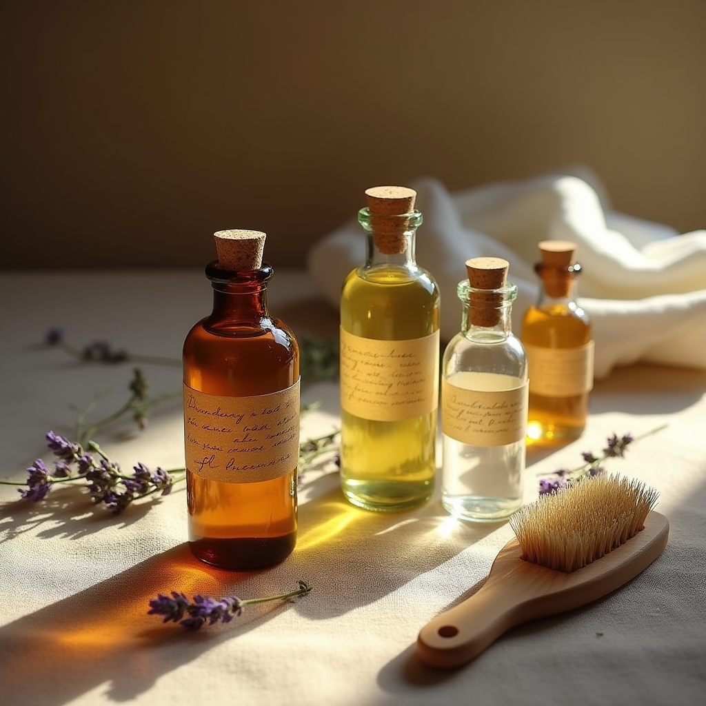Soluții de curățare biodegradabile în recipiente etichetate, pe o suprafață de lemn